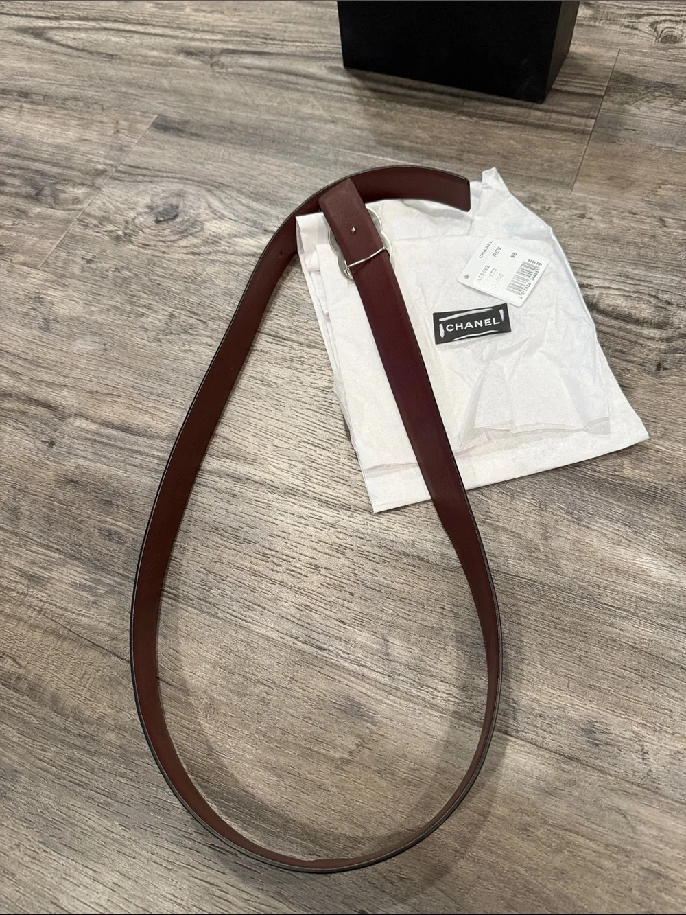 CHANEL Calfskin Leather CC Reversible Belt Silver Buckle Black Burgundy